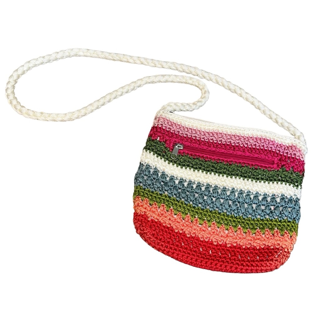 Rainbow Stripe Design White Knit Crossbody Purse Beach Style Lina Bag Crochet!
